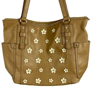 Relic Tan Handbag Shoulder Daisies Flowers 3D Appliqué Embellished Cute Tote EUC